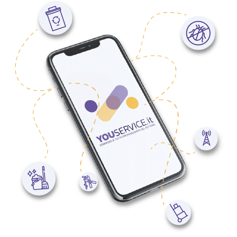 immagine di un cellulare con logo www.youservice.it e icone dei vari servizi